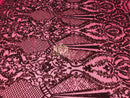 Sequins - Burgundy - 4 Way Stretch Fancy Fabric Embroidered On Mesh Sold By The Yard