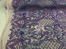 Iridescent Sequins - Lilac - 4 Way Stretch Damask Design Fabric On Stretch Mesh By The Yard