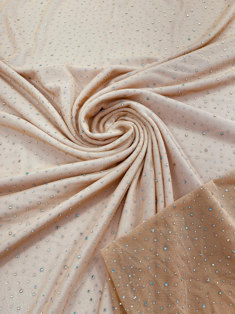 Power Mesh Polyester Rhinestone Fabric - Nude - 4 Way Stretch Power Mesh Fabric Crystal Stones By Yard