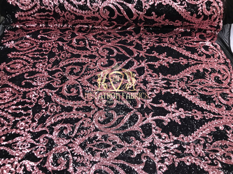 Two Tone Sequins - Pink / Black - 4 Way Stretch Fancy Design Mesh Fabric Sold By The Yard