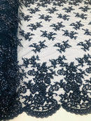 Navy Blue Beaded Bridal Lace, Sold By The Yard Embroidered Floral Wedding Beaded Fabric with Sequin