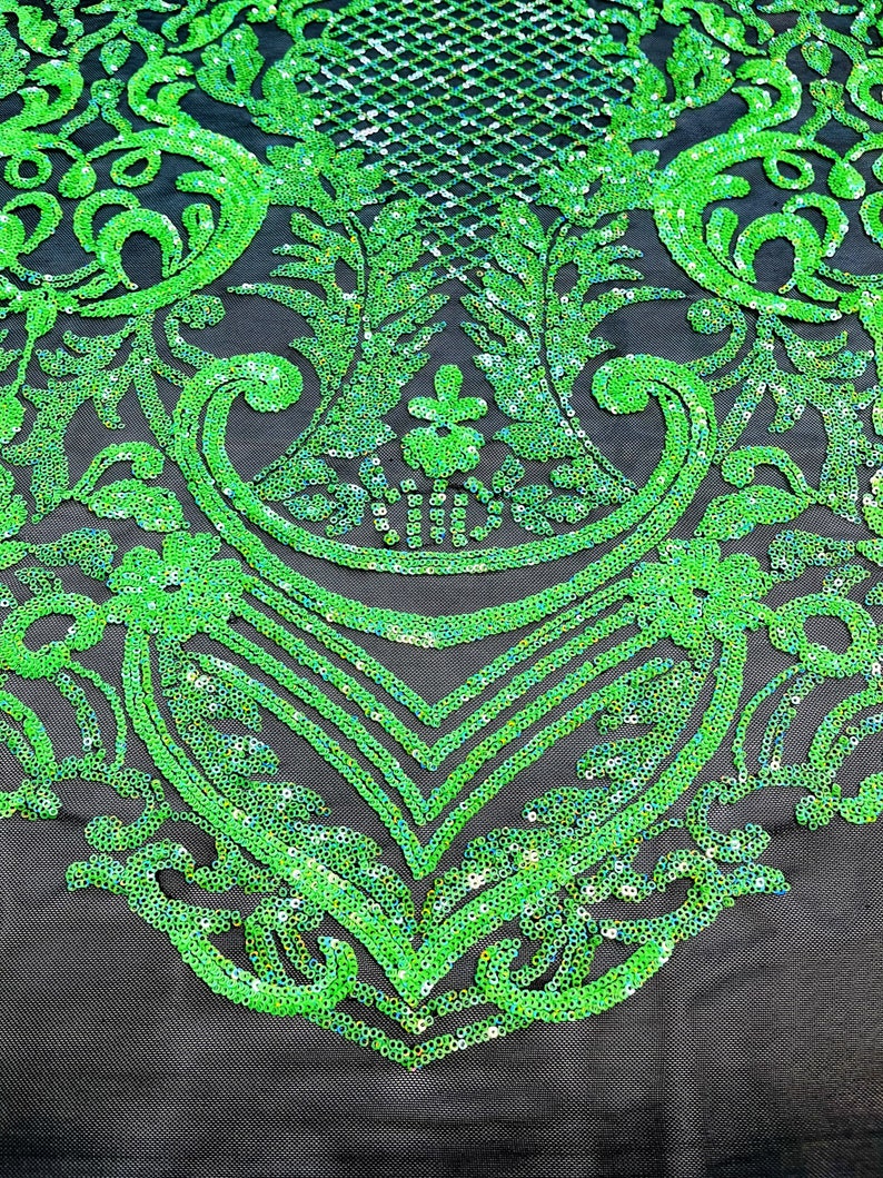 Neon Green Sequins Fabric on Black Mesh, DAMASK Design Embroidered on a 4 way Stretch By The Yard