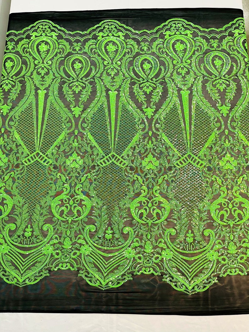 Neon Green Sequins Fabric on Black Mesh, DAMASK Design Embroidered on a 4 way Stretch By The Yard