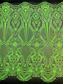 Neon Green Sequins Fabric on Black Mesh, DAMASK Design Embroidered on a 4 way Stretch By The Yard