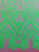Big Damask Sequins Fabric - Neon Green on Dark Nude - 4 Way Stretch Damask Sequins Design Fabric By Yard