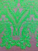 Big Damask Sequins Fabric - Neon Green on Dark Nude - 4 Way Stretch Damask Sequins Design Fabric By Yard