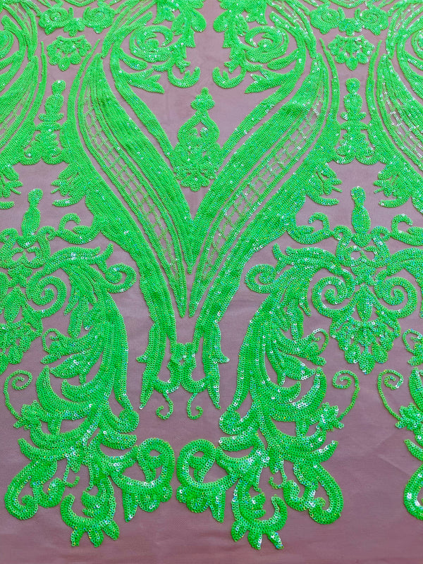 Big Damask Sequins Fabric - Neon Green on Dark Nude - 4 Way Stretch Damask Sequins Design Fabric By Yard