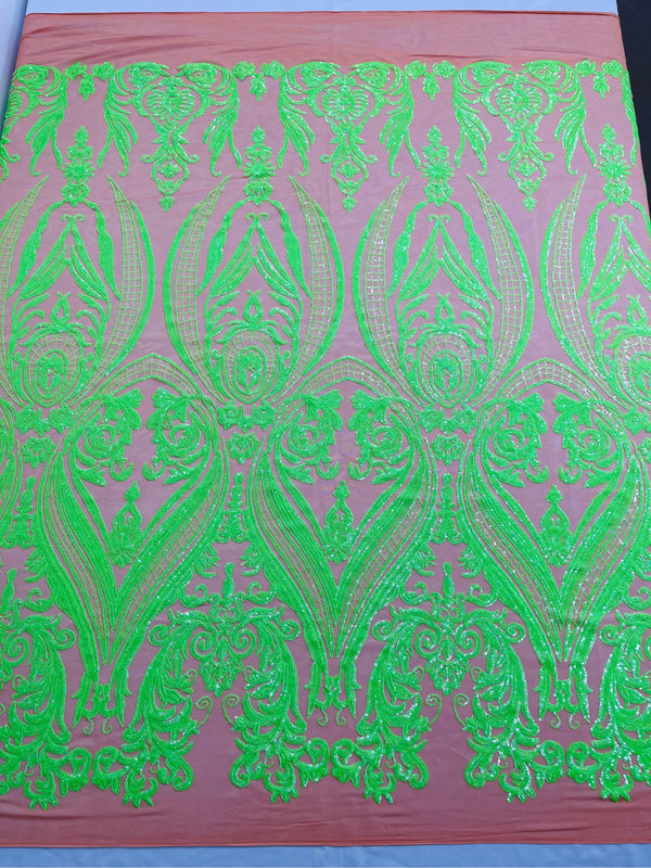 Big Damask Sequins Fabric - Neon Green on Dark Nude - 4 Way Stretch Damask Sequins Design Fabric By Yard