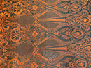 Neon Orange Sequins Fabric on Black Mesh, DAMASK Design Embroidered on a 4 way Stretch By The Yard