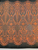Neon Orange Sequins Fabric on Black Mesh, DAMASK Design Embroidered on a 4 way Stretch By The Yard