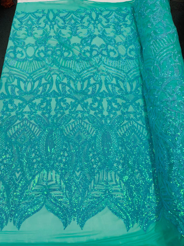 New Mint Iridescent - 4 Way Stretch Embroidered Royalty Sequins Design Fabric By Yard