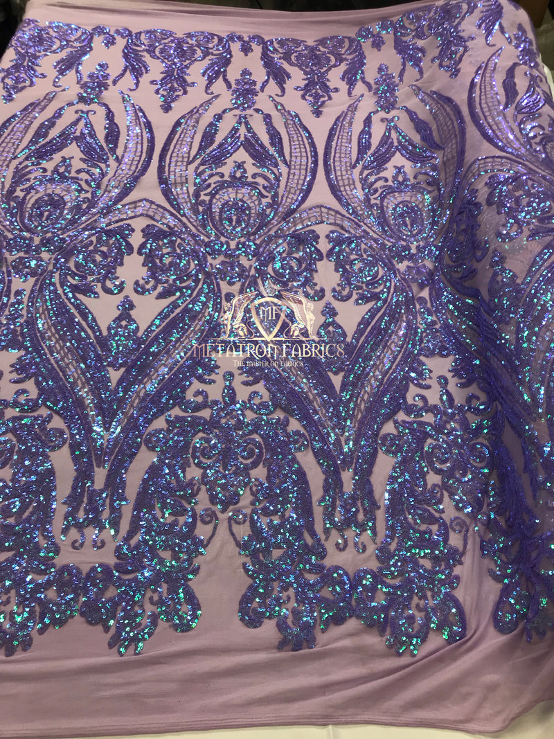 Big Damask Sequins Fabric - Iridescent Lilac - 4 Way Stretch Damask Sequins Design Fabric By Yard