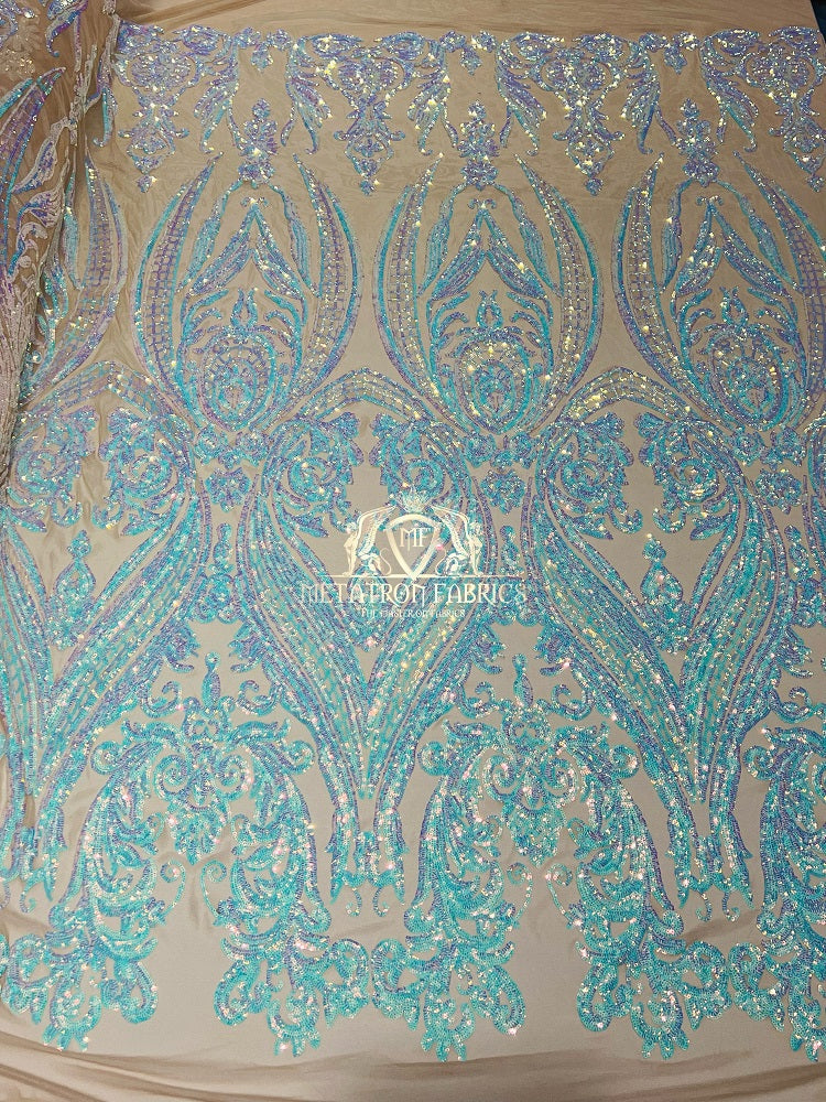 Big Damask Sequins Fabric - Aqua/Blue on Blush Mesh 1 - 4 Way Stretch Damask Sequins Design Fabric By Yard