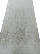 Beaded Floral Line Fabric - Off-White - Beaded Embroidered Lines and Flowers on Mesh By Yard