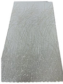Wavy Grass Design Fabric - Off-White - Beautiful Beaded Fabric Design Embroidered on a Mesh Lace Sold By The Yard