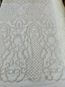 Beaded Fashion Design Fabric - Off-White - Beaded Embroidered Damask Style Fabric on Mesh By Yard