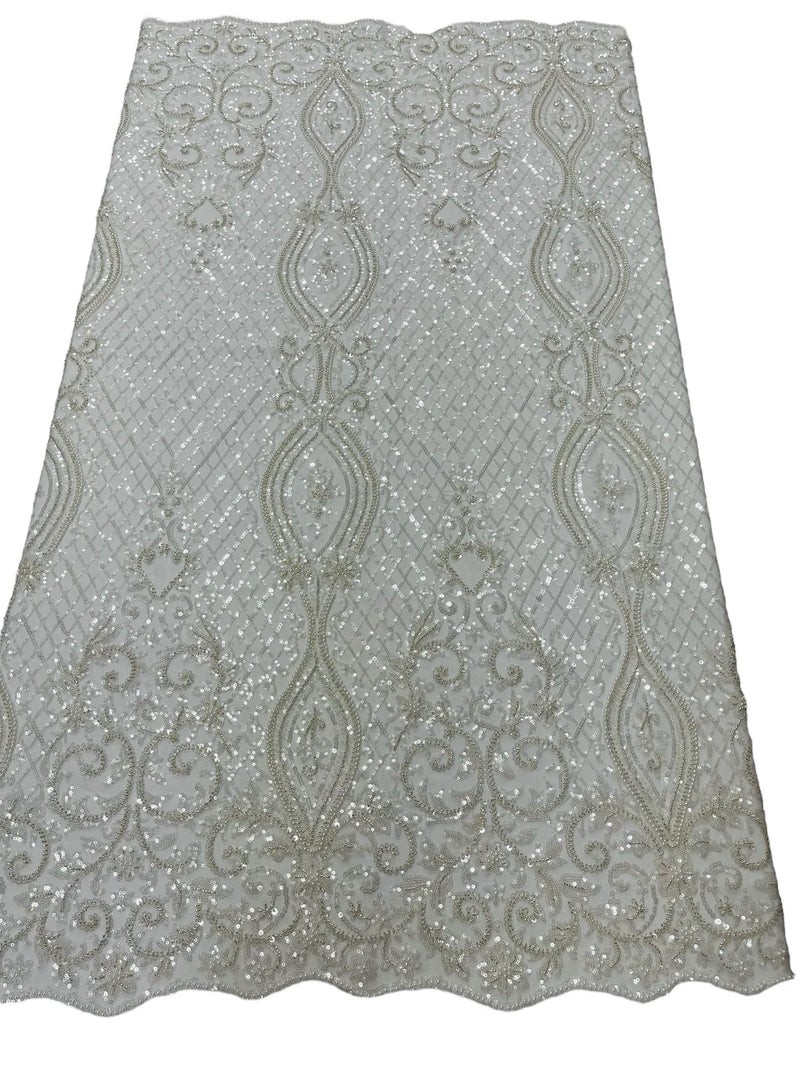 Bead Fashion Damask Fabric - Off-White - Beaded Sequins Geometric Design on Mesh Sold By Yard