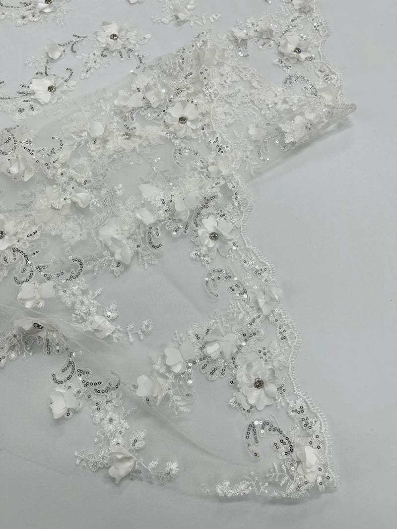3D Lace Flower Fabric - Off-White - Embroidered Sequins and 3D Floral Patterns on Lace By Yard