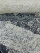 Off-White Leaf Pattern - Elegant Beaded Leaf Design Embroidered Fabric Sold by Yard