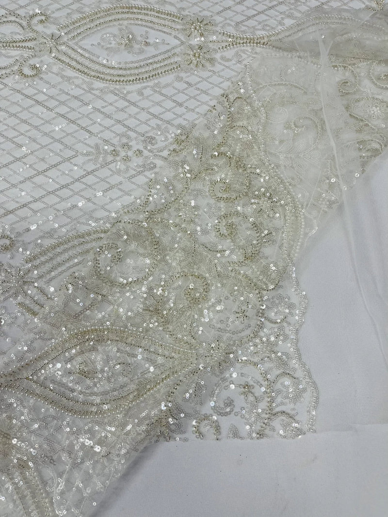 Bead Fashion Damask Fabric - Off-White - Beaded Sequins Geometric Design on Mesh Sold By Yard
