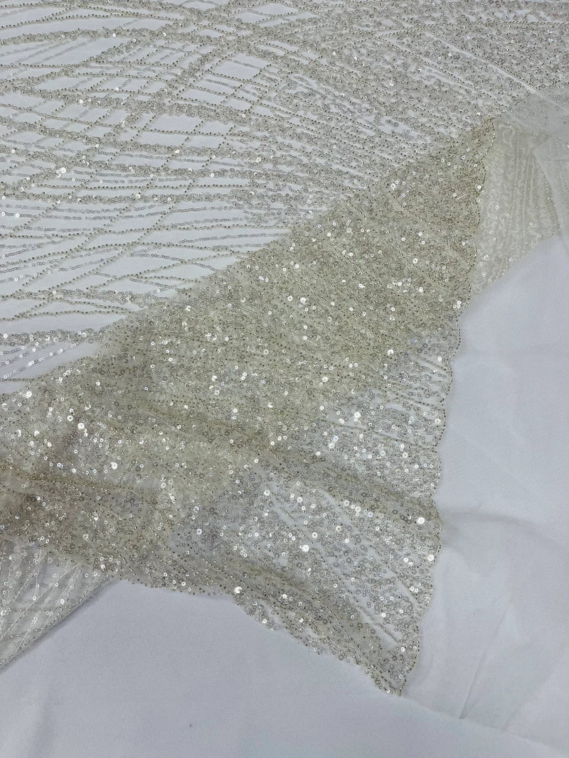 Wavy Grass Design Fabric - Off-White - Beautiful Beaded Fabric Design Embroidered on a Mesh Lace Sold By The Yard