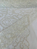 Beaded Fashion Design Fabric - Off-White - Beaded Embroidered Damask Style Fabric on Mesh By Yard