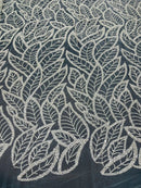 Off-White Wavy Leaf Design - Fancy Embroidered Beaded Leaf Design Fabric Sold by Yard