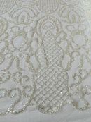 Beaded Fashion Design Fabric - Off-White - Beaded Embroidered Damask Style Fabric on Mesh By Yard