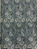 Off-White Leaf Pattern - Elegant Beaded Leaf Design Embroidered Fabric Sold by Yard