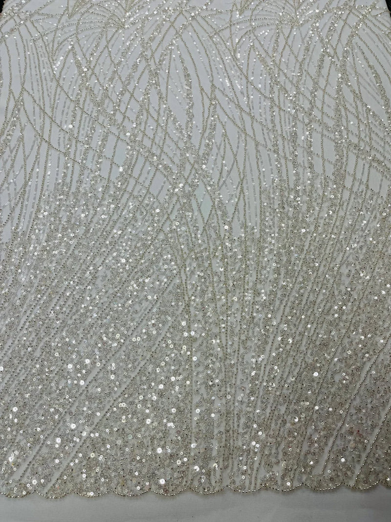 Wavy Grass Design Fabric - Off-White - Beautiful Beaded Fabric Design Embroidered on a Mesh Lace Sold By The Yard