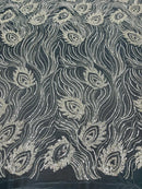 Off-White Leaf Pattern - Elegant Beaded Leaf Design Embroidered Fabric Sold by Yard