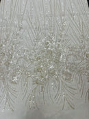 Beaded Floral Line Fabric - Off-White - Beaded Embroidered Lines and Flowers on Mesh By Yard