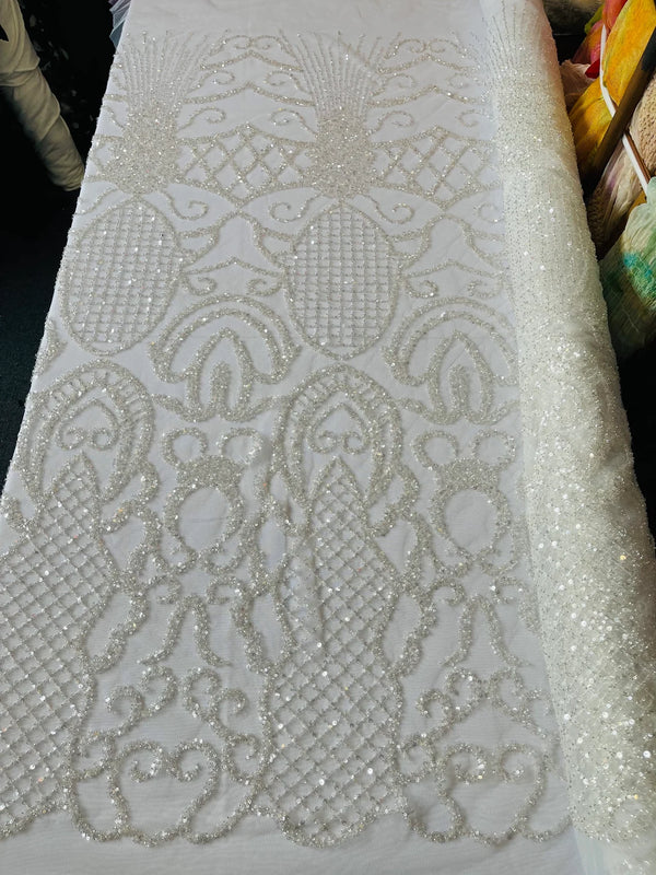Beaded Fashion Design Fabric - Off-White - Beaded Embroidered Damask Style Fabric on Mesh By Yard