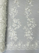 Floral 3D Rose Fabric - Off-White - Embroided Rose Flower Design Fabric Sold by Yard