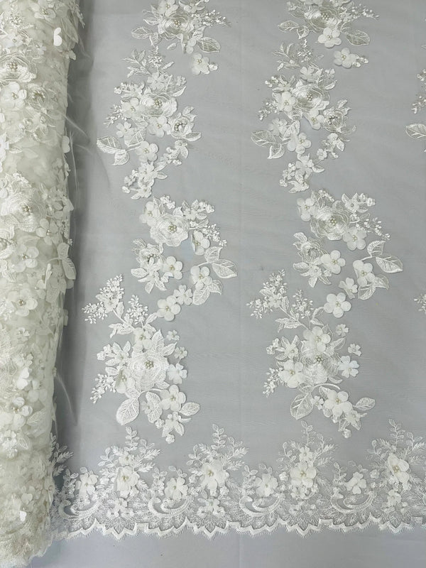 Floral 3D Rose Fabric - Off-White - Embroided Rose Flower Design Fabric Sold by Yard