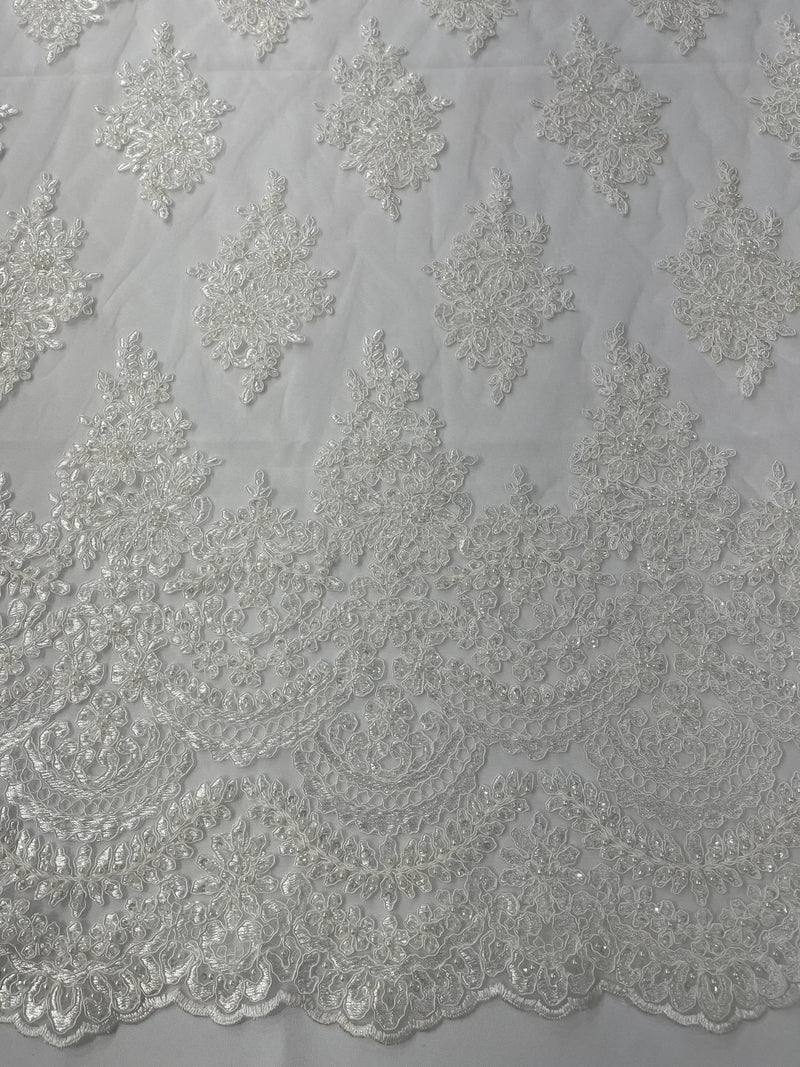 Beaded Flower Cluster Fabric -  Off-White - Embroidered Beaded Fancy Border Floral Fabric Sold By Yard