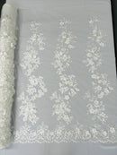 Floral 3D Rose Fabric - Off-White - Embroided Rose Flower Design Fabric Sold by Yard