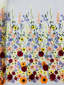 3D Floral and Leaves Embroidery - Off-White - Multi Color Flower Design on Mesh by Yard