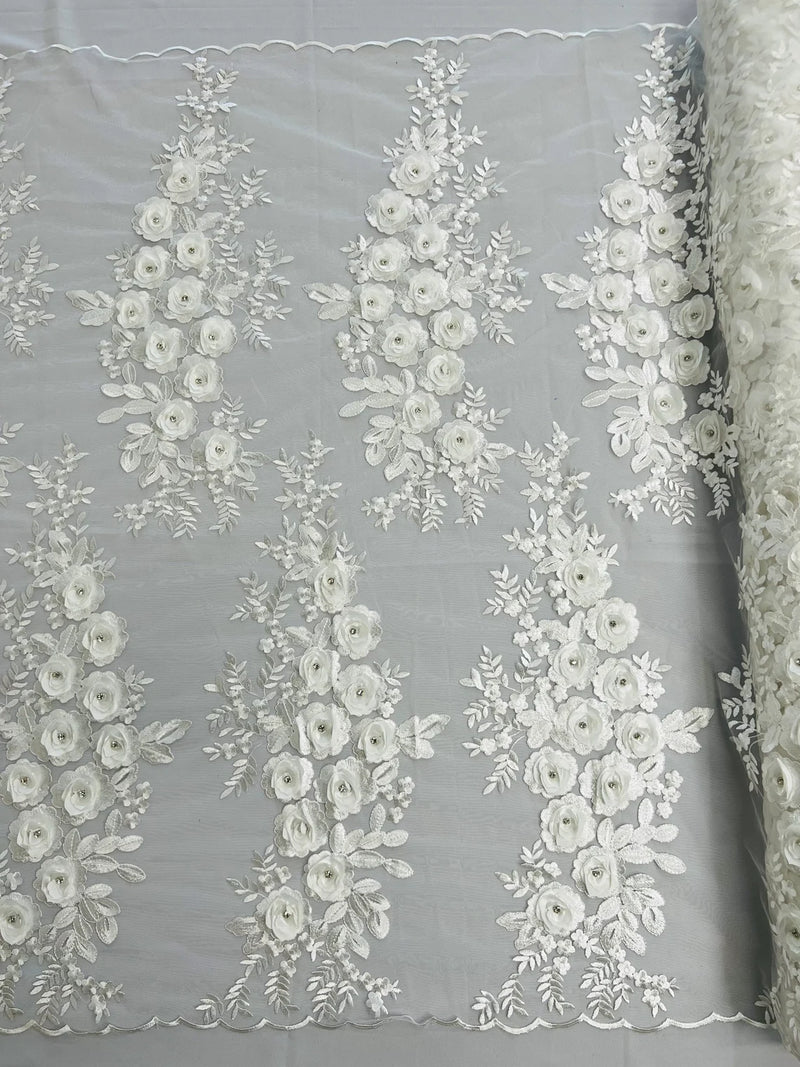 3D Rhinestone Rose Fabric - Off-White - Embroidered 3D Roses Design on Mesh Fabric Sold by Yard