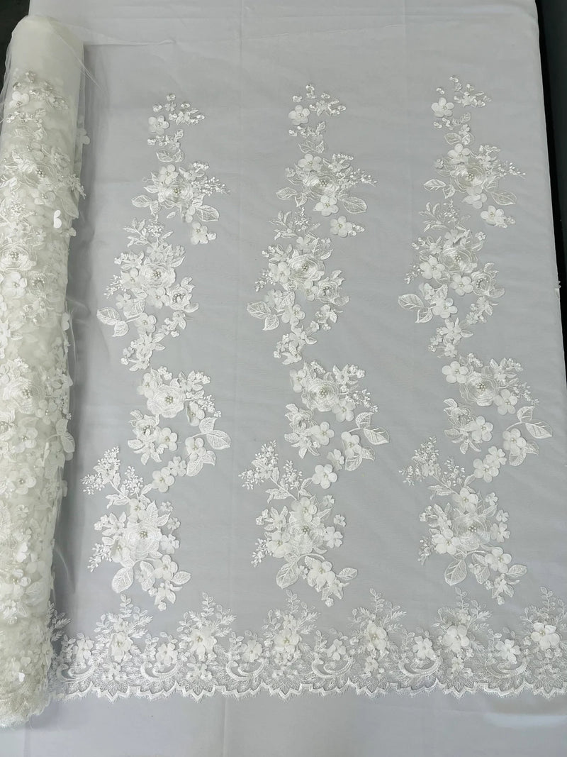 Floral 3D Rose Fabric - Off-White - Embroided Rose Flower Design Fabric Sold by Yard
