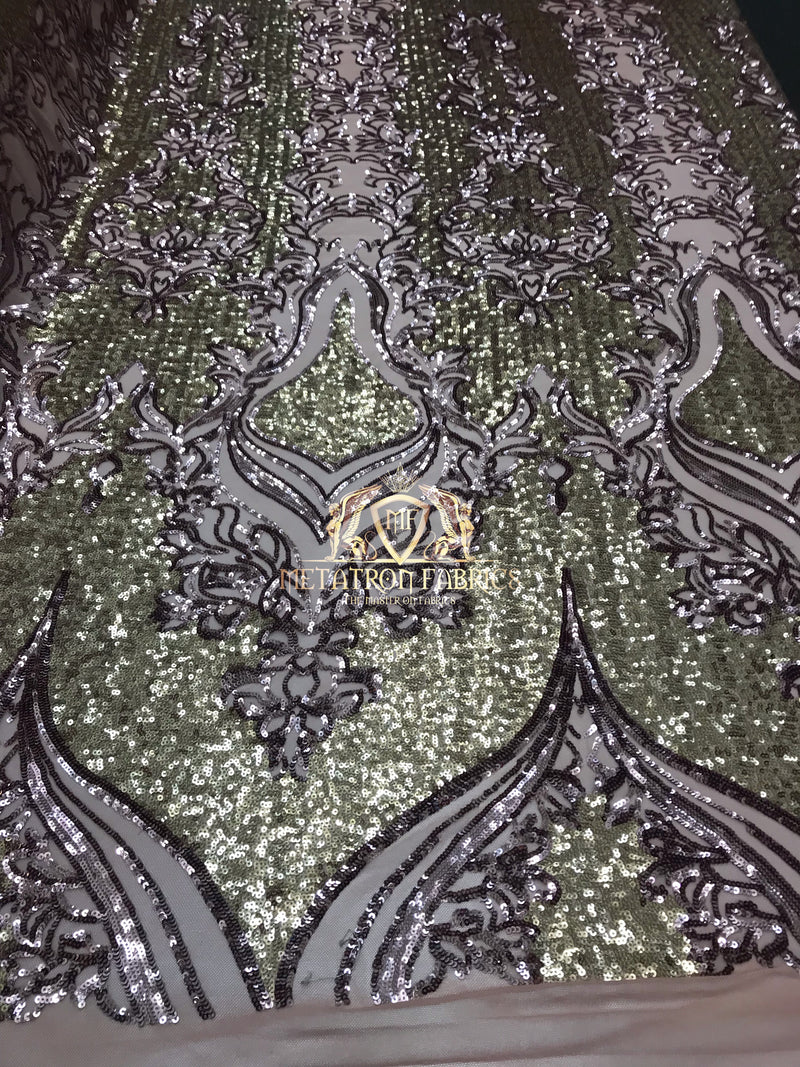 4 Way Stretch - Light Gold and Silver - Two Tone Flower Design Sequins On Stretch Mesh By The Yard
