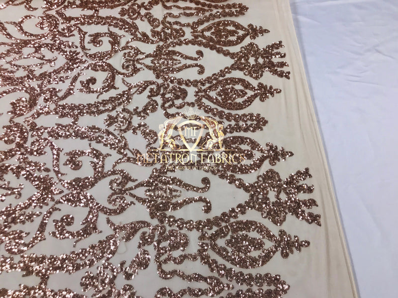 4 Way Stretch - Rose Gold - Sequins Damask Design Fabric Embroidered On Mesh Sold By The Yard