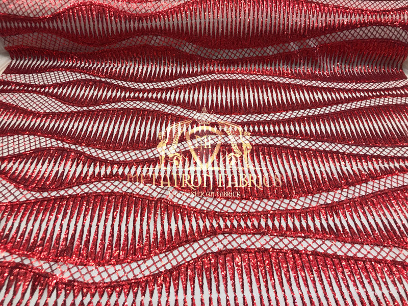 4 Way Stretch - Red - Horizontal Line Design Sequins On Stretch Mesh By The Yard