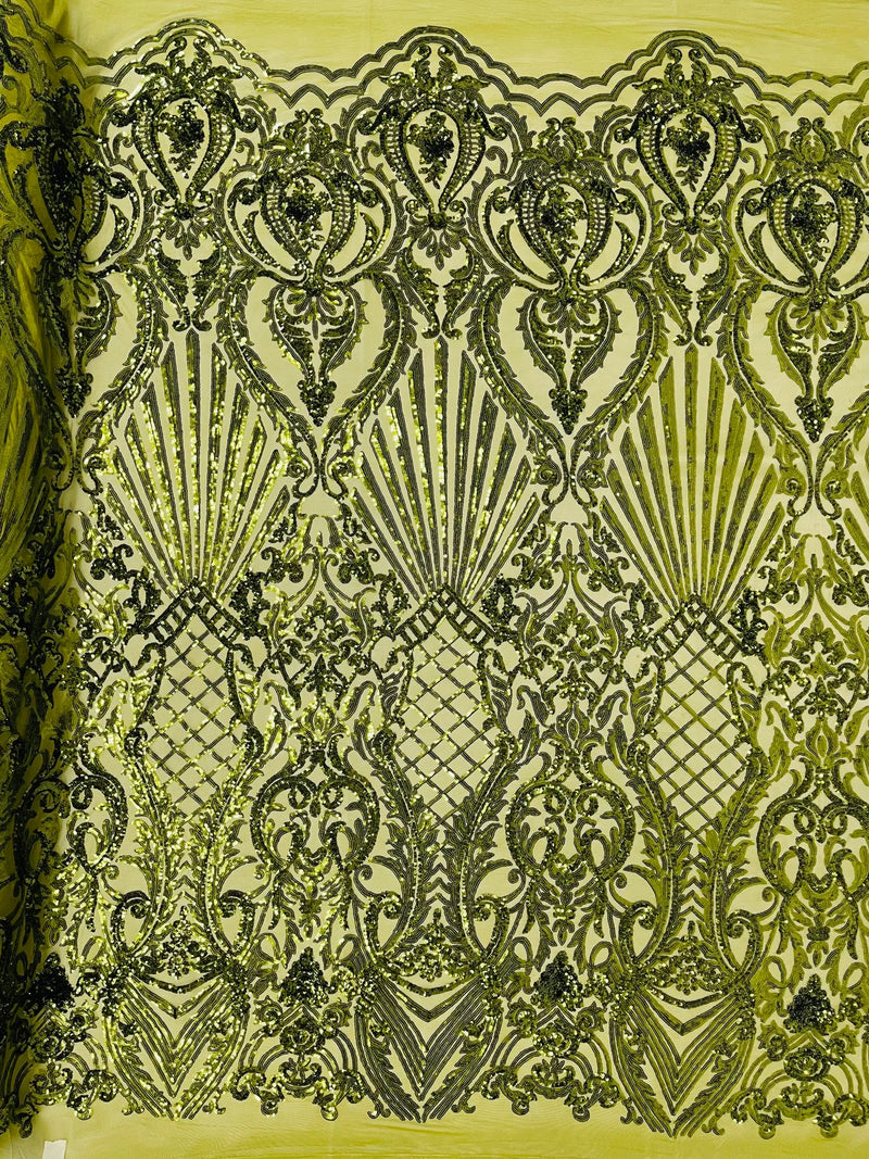 Damask Geometric Sequins - Olive Green - 4 Way Stretch Sequins Damask Pattern Design Sold By Yard