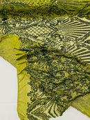 Damask Geometric Sequins - Olive Green - 4 Way Stretch Sequins Damask Pattern Design Sold By Yard
