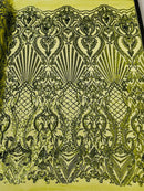 Damask Geometric Sequins - Olive Green - 4 Way Stretch Sequins Damask Pattern Design Sold By Yard