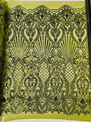 Damask Geometric Sequins - Olive Green - 4 Way Stretch Sequins Damask Pattern Design Sold By Yard