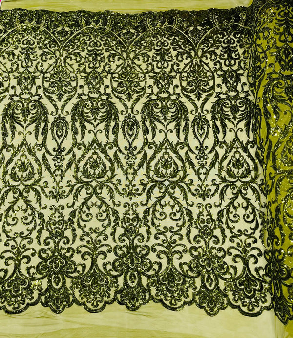 Damask Decor Sequins - Olive Green - 4 Way Stretch Design High Quality Fabric By Yard