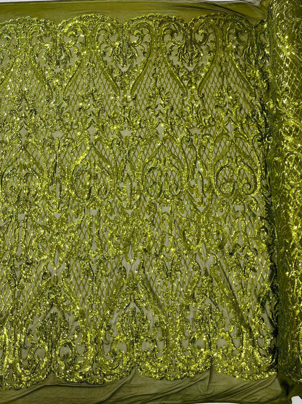 Heart Damask Sequins - Olive Green - 4 Way Stretch Elegant Shiny Net Sequins Fabric By Yard