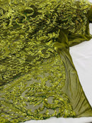 Heart Damask Sequins - Olive Green - 4 Way Stretch Elegant Shiny Net Sequins Fabric By Yard